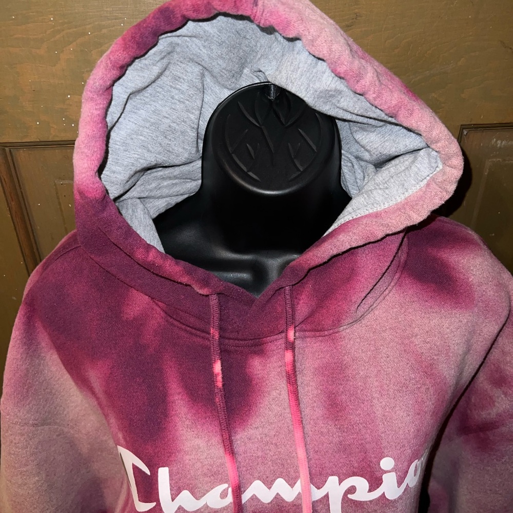 Champion Pink Gray Tie-Dye Logo Fleece Long Sleeve Cozy Pullover Hoodie Size 2XL - Picture 7 of 9